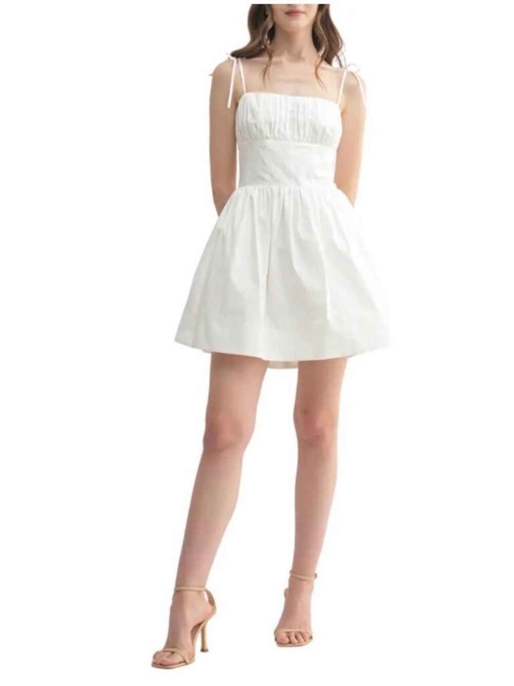 All in Favor White Cotton Ruched Bust Tie Strap Mini Dress  - Sz Small, NWT